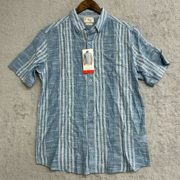 NEW Weatherproof Vintage Men's M Striped Linen Blend Short Sleeve Shirt Blue - Picture 4 of 7